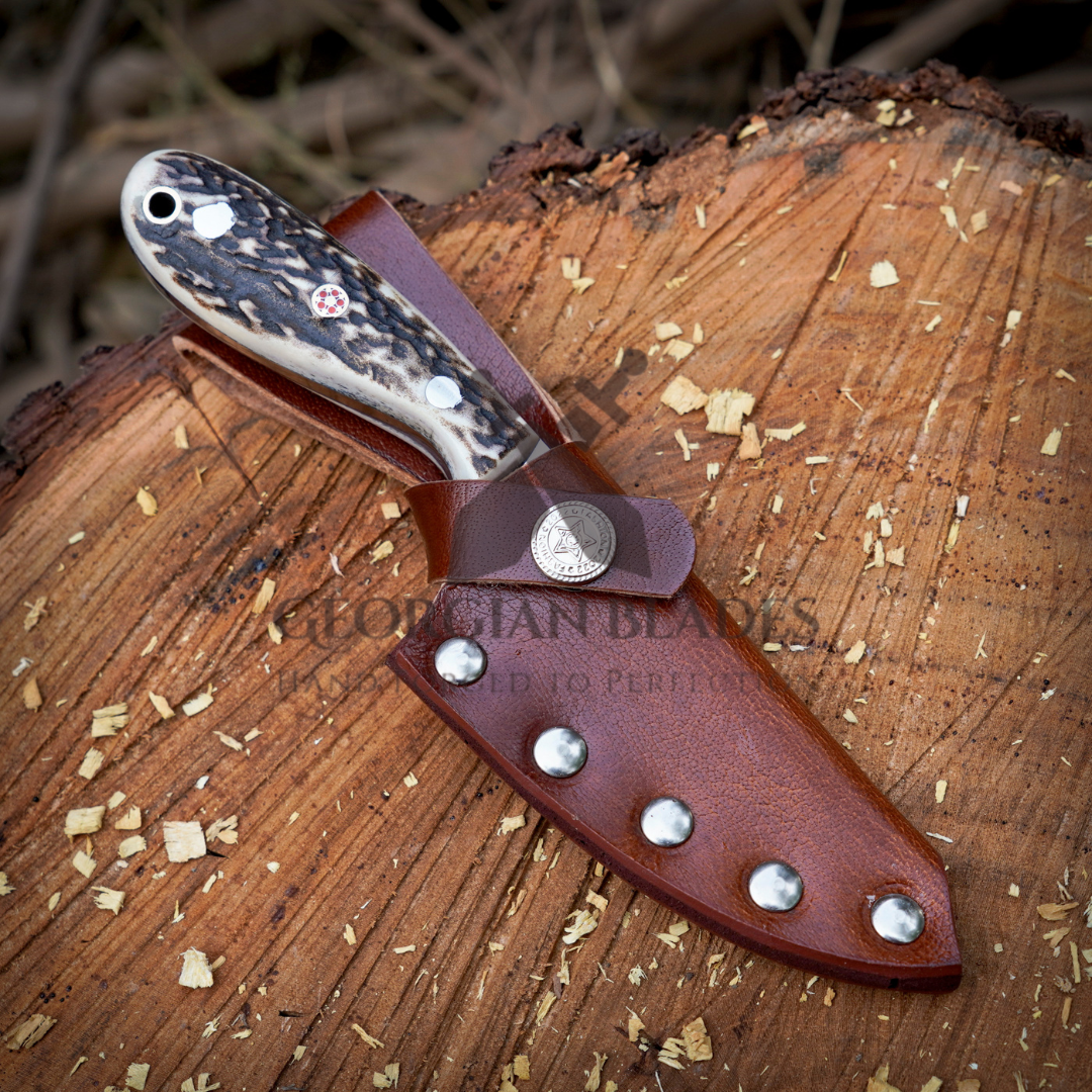 The Ghost Ridge Hunting Knife - Premium Hand Forged Full Tang Skinning Knife - Stag Antler Handle - D2 Steel- 7 inches