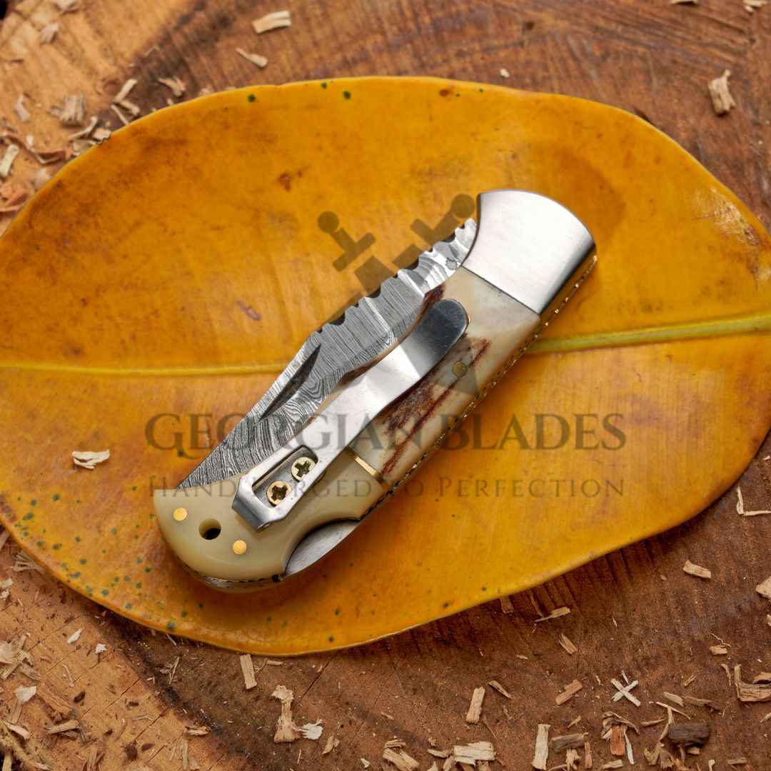 The Sully Folder - 7 inch Pocket Folding Clip Knife with Stag and Bone Handle and Leather Sheath