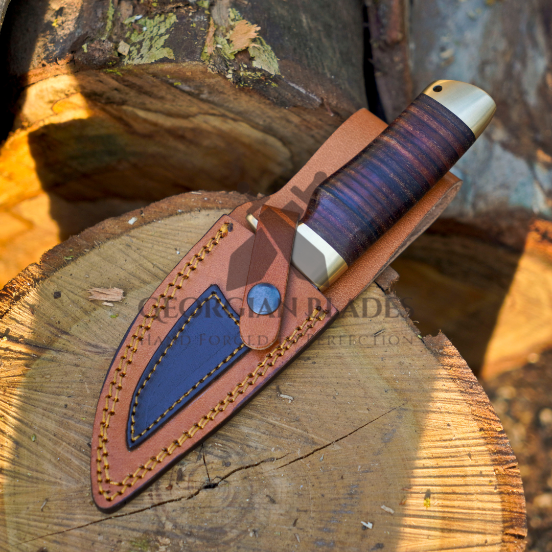 The Outrider – 9-inch Handcrafted Carbon Steel Bushcraft Knife with Leather Stacked Handle & Leather Sheath