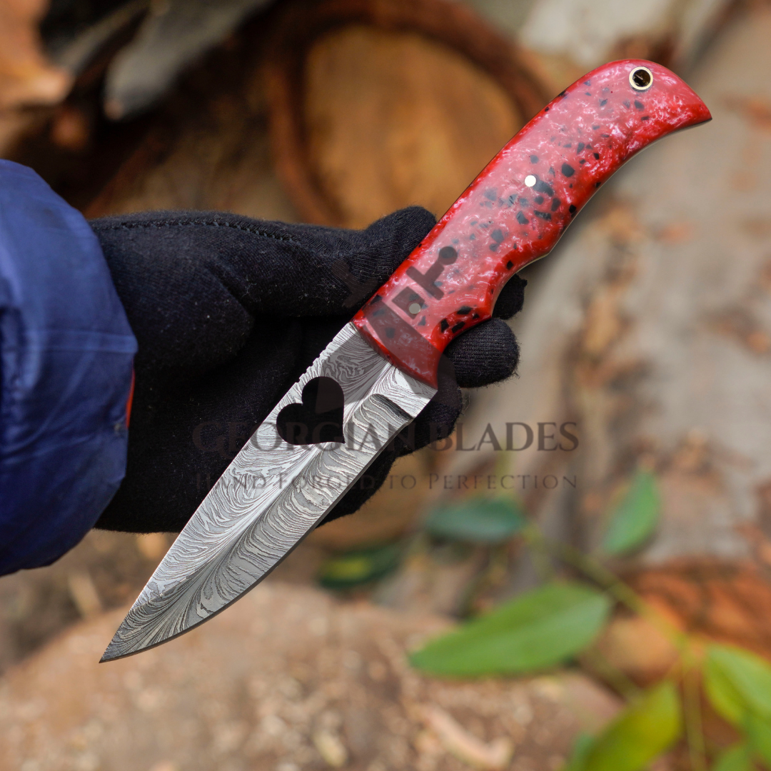 Heart Blade: 9" Full Tang Hand Forged Fixed Blade Gut Hook Damascus Steel Hunting Knife with Leather Sheath