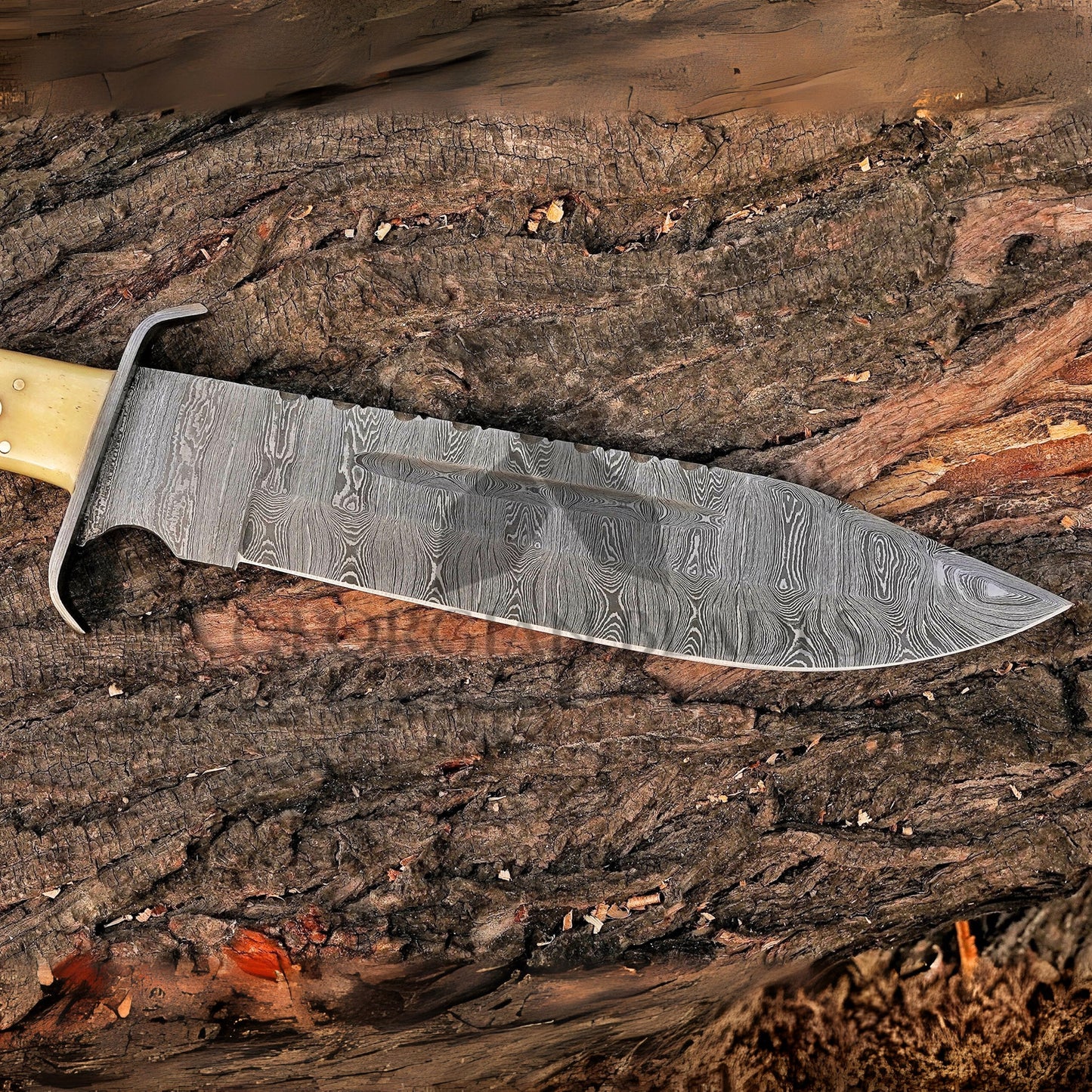 Paul Bunyan Razor - 15" Handmade Damascus Steel Bowie Knife- Full Tang - Camel Bone Handle