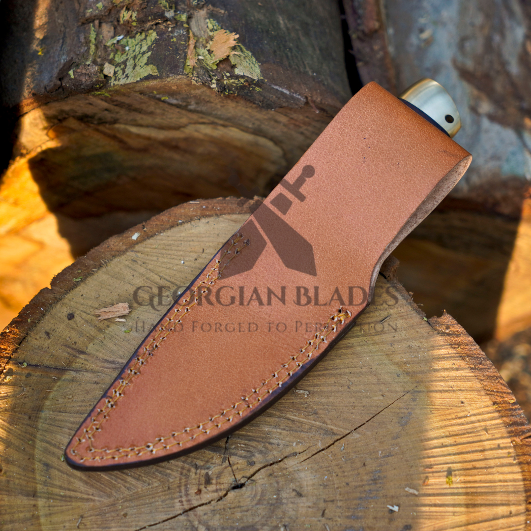 The Outrider – 9-inch Handcrafted Carbon Steel Bushcraft Knife with Leather Stacked Handle & Leather Sheath