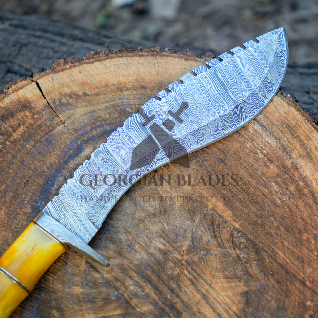 Pecos Bill Whittler - 22" Custom Handmade Forged Damascus Steel Survival Hunting Bushcraft Kukri Knife EDC With Camel Bone Handle