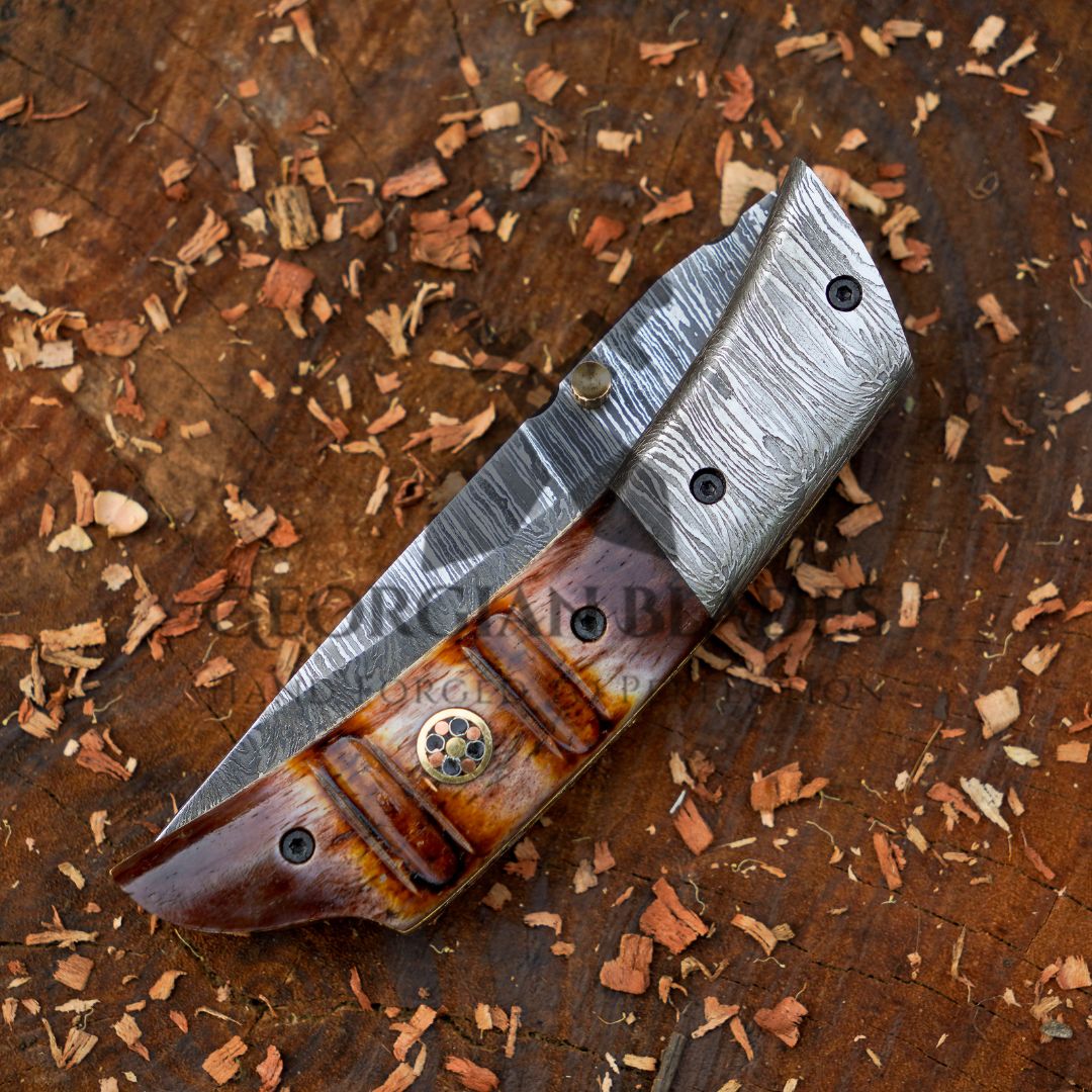 The Nimitz Folder – 7.5 inch Damascus Steel Liner Lock Pocket Knife with Bone Handle and Leather Sheath