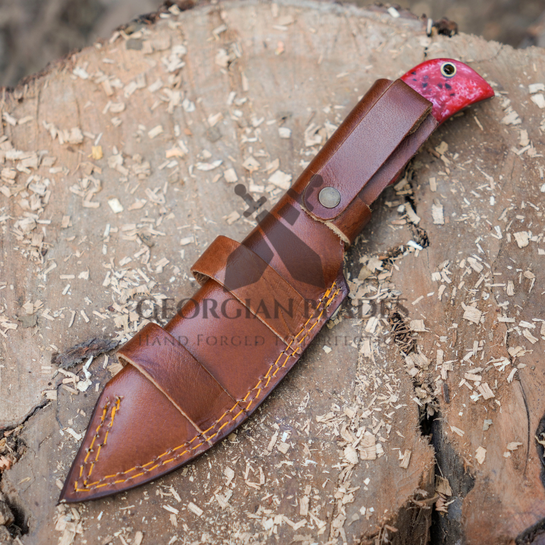 Heart Blade: 9" Full Tang Hand Forged Fixed Blade Gut Hook Damascus Steel Hunting Knife with Leather Sheath