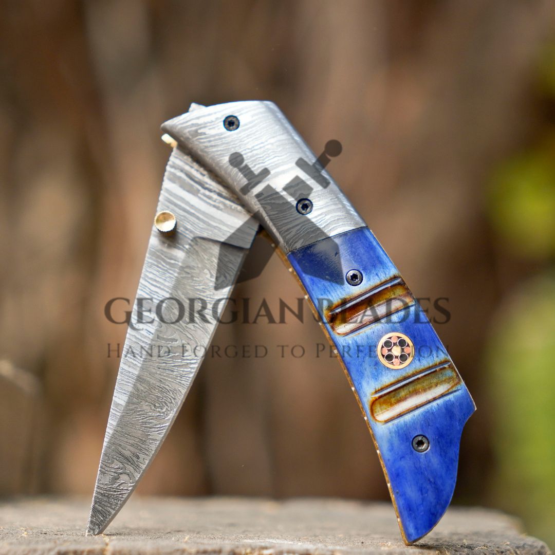 The Sullivan Folder 7.5-inch Hand Forged Damascus Steel Pocket Knife with Leather Sheath