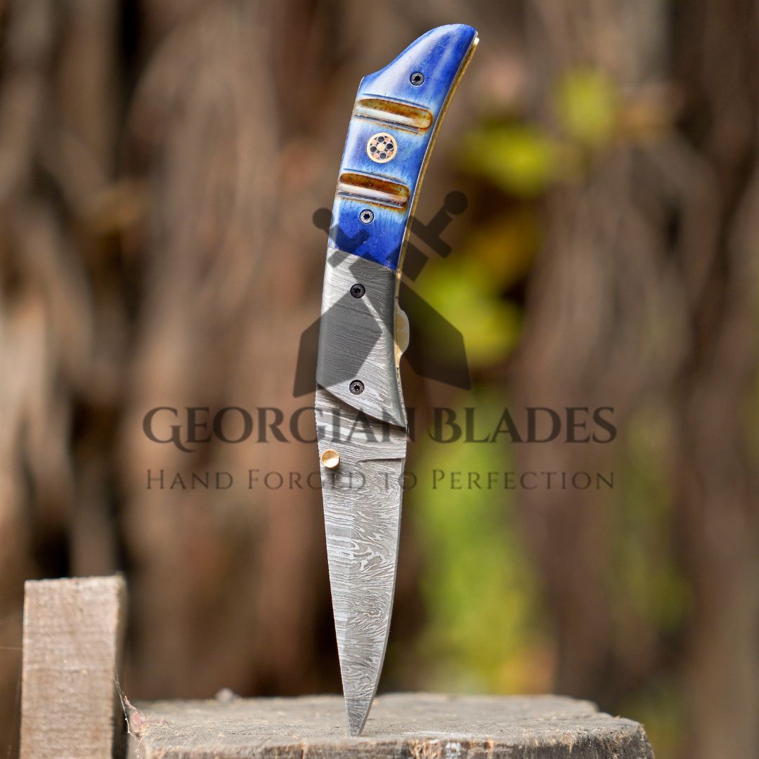 The Sullivan Folder 7.5-inch Hand Forged Damascus Steel Pocket Knife with Leather Sheath