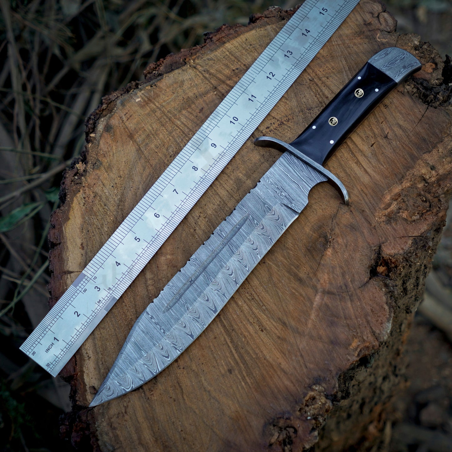 Frontier Finder: 15" Handmade Damascus Steel Bowie Knife- Buffalo Horn Handle