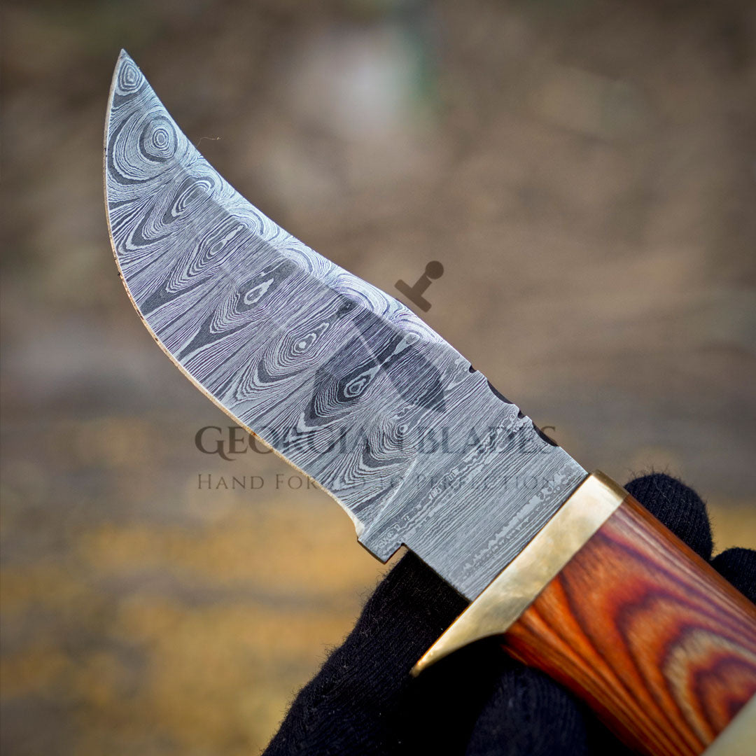 Mike Fink Skinner - CUSTOM HANDMADE FORGED DAMASCUS Steel Hunting Knife Wood & Camel Bone Handle