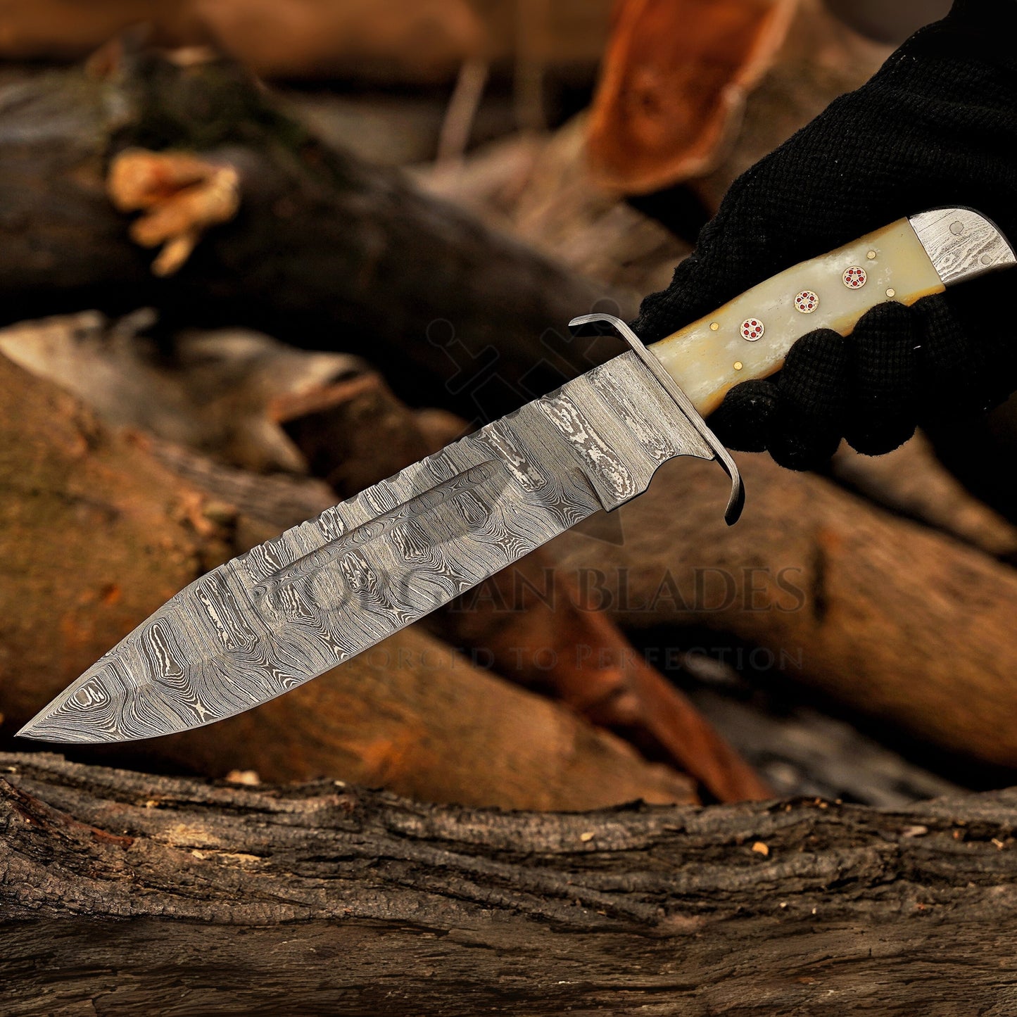 Paul Bunyan Razor - 15" Handmade Damascus Steel Bowie Knife- Full Tang - Camel Bone Handle
