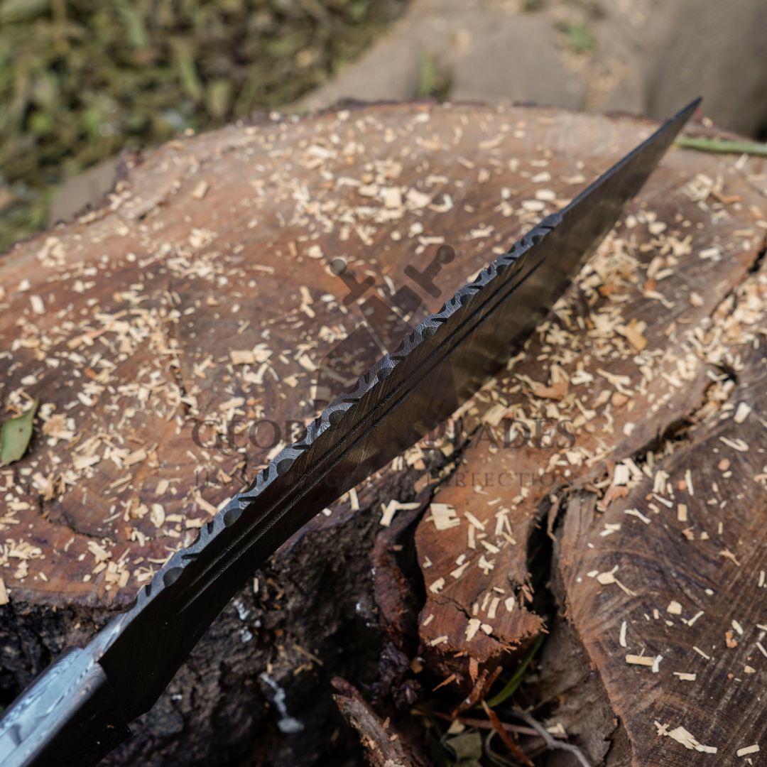 Savage Serpent Kukri: Hand Forged Damascus Steel Survival Hunting Bushcraft Kukri Knife EDC 12” With Cocobolo Wood Bull Horn & Engraved Bolster Handle