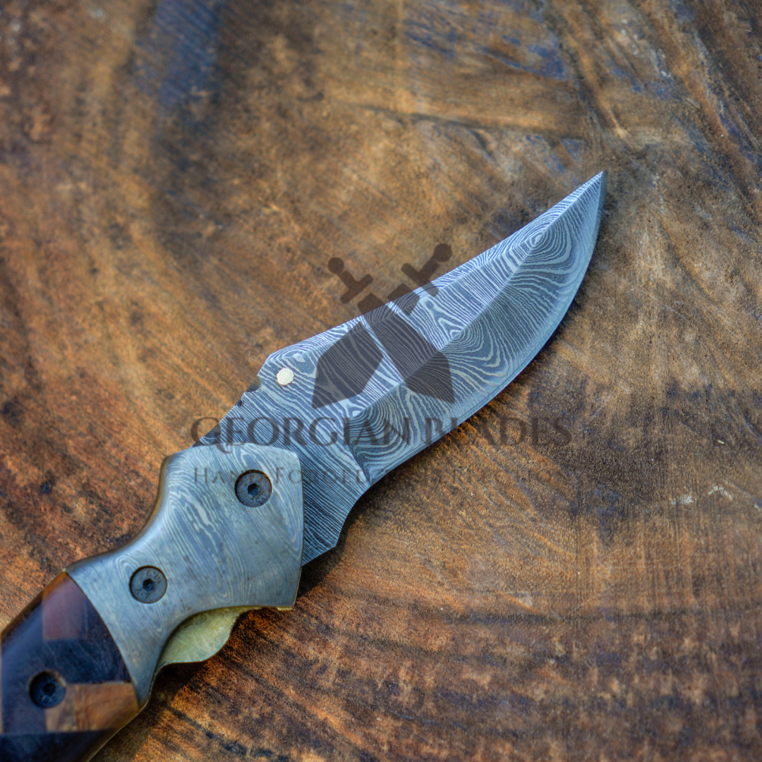 Kit Carson - 7 inches Custom Hand Forged Damascus Folding Knife Damascus Bolster With Olive & Dark Wood Handle