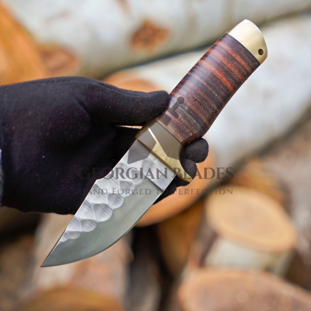 The Outrider – 9-inch Handcrafted Carbon Steel Bushcraft Knife with Leather Stacked Handle & Leather Sheath