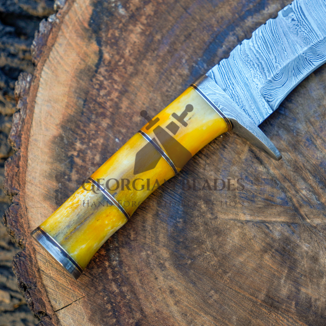 Pecos Bill Whittler - 22" Custom Handmade Forged Damascus Steel Survival Hunting Bushcraft Kukri Knife EDC With Camel Bone Handle