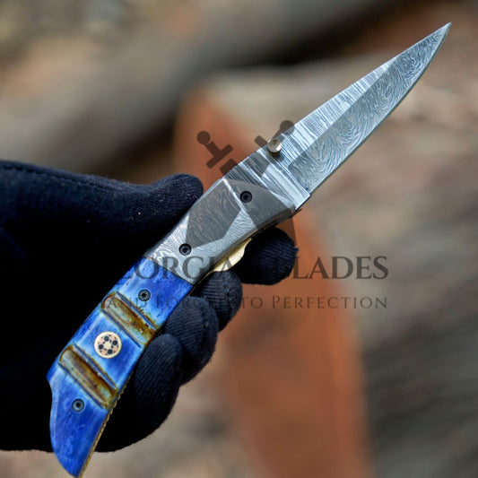 The Sullivan Folder 7.5-inch Hand Forged Damascus Steel Pocket Knife with Leather Sheath