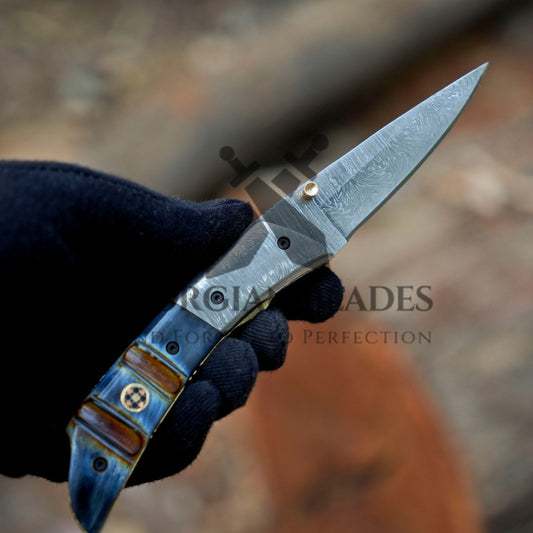 The Glenn Folder – 7.5 inch Damascus Steel Liner Lock Pocket Knife with Bone Handle and Leather Sheath