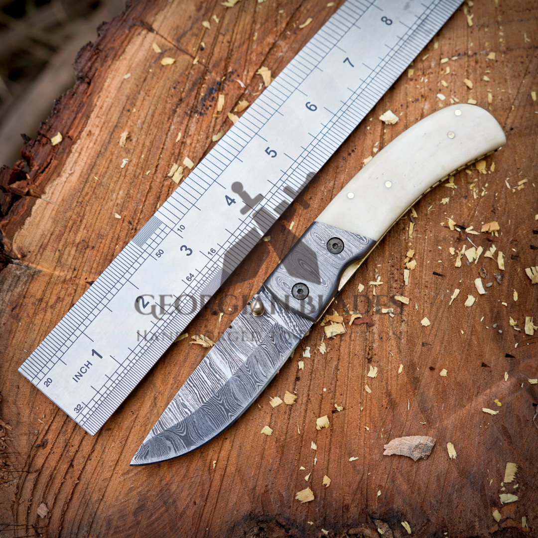 Cartilage Cutter: Hand Forged Damascus Steel Hunting Folding Knife With Damascus Bolster & Camel Bone Handle