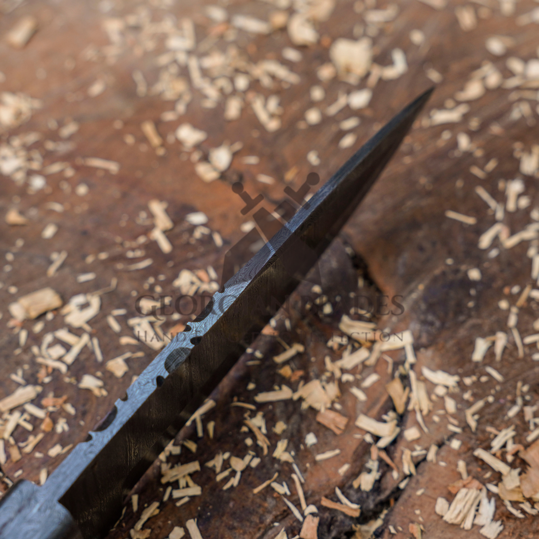 Br'er Rabbit Blade - 8.5” Hand Forged Damascus Steel Full Tang Skinner Knife - Camel Bone Handle