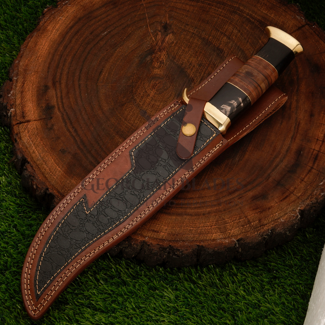 15" Bowie Knife: Scout's Sentine - Handmade J2 Bowie Knife Steel Hunting Fix Blade - Bull Horn & Leather Handle