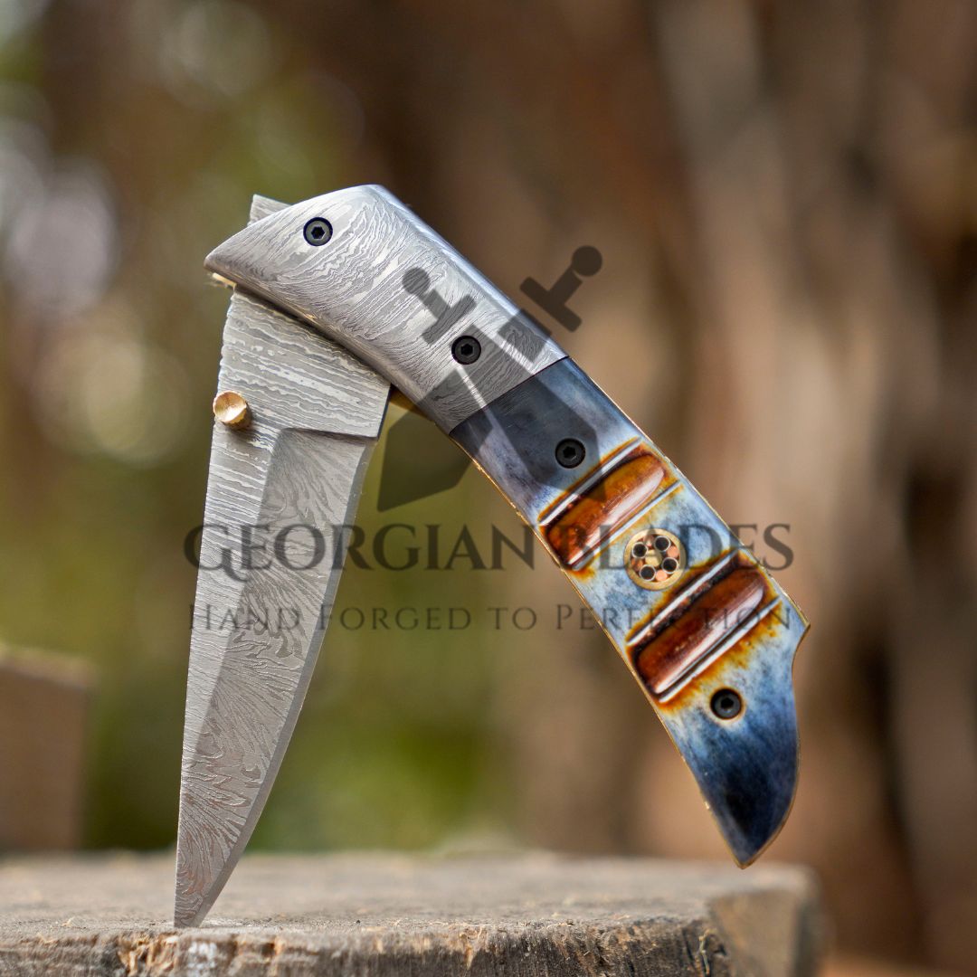 The Glenn Folder – 7.5 inch Damascus Steel Liner Lock Pocket Knife with Bone Handle and Leather Sheath