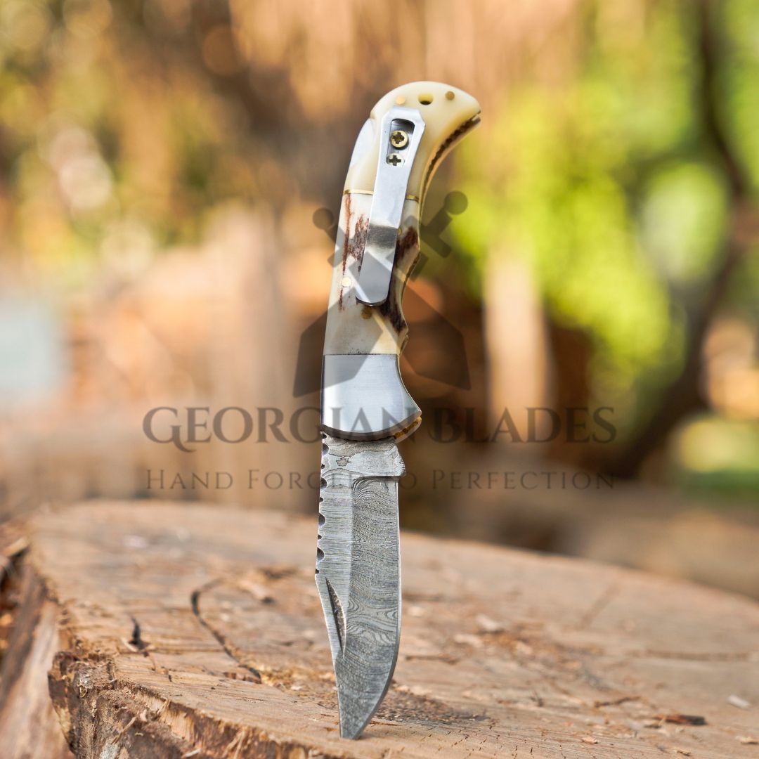 The Sully Folder - 7 inch Pocket Folding Clip Knife with Stag and Bone Handle and Leather Sheath