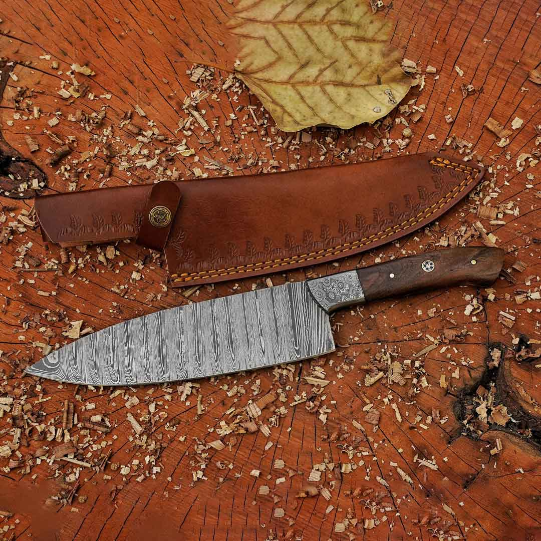 The "Julia Child" Chef Knife 12-inch Handmade Damascus Chef Knife with Damascus Bolster and Dark Walnut Handle and Leather Sheath