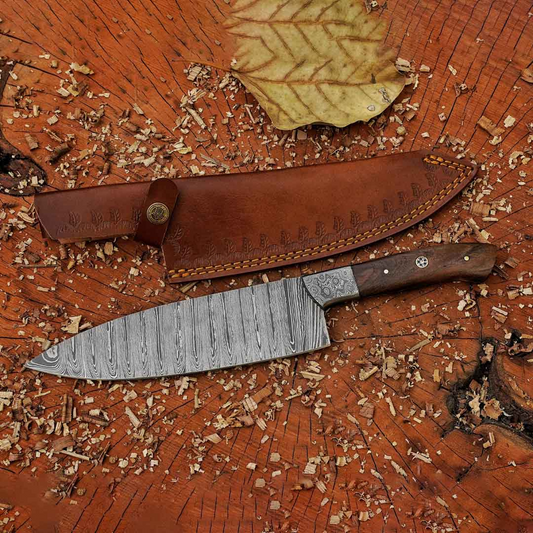 The "Julia Child" Chef Knife 12-inch Handmade Damascus Chef Knife with Damascus Bolster and Dark Walnut Handle and Leather Sheath