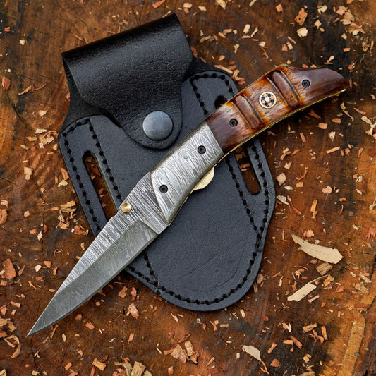 The Nimitz Folder ā 7.5 inch Damascus Steel Liner Lock Pocket Knife with Bone Handle and Leather Sheath