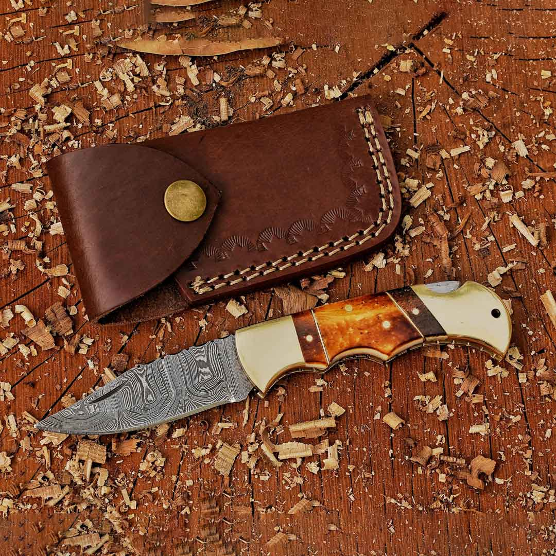 The John Paul Jones Damascus Folding Knife 6.75-inch Bone Handle Knife with Leather Sheath