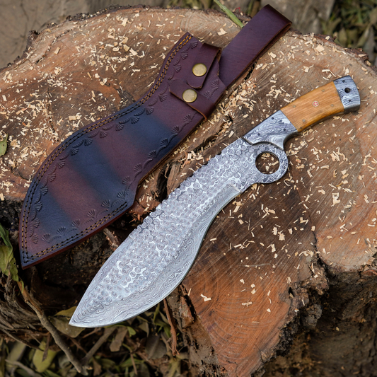 Blade of the Hills: Custom Hand Forged Damascus Steel Hunting Kukri Knife Damascus Bolster Olive Wood Handle