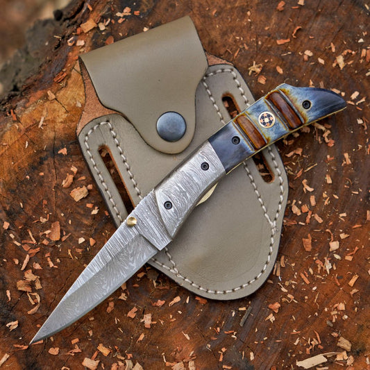 The Glenn Folder – 7.5 inch Damascus Steel Liner Lock Pocket Knife with Bone Handle and Leather Sheath