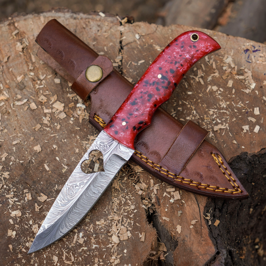 Heart Blade: 9" Full Tang Hand Forged Fixed Blade Gut Hook Damascus Steel Hunting Knife with Leather Sheath