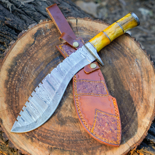 Pecos Bill Whittler - 15" Custom Handmade Forged Damascus Steel Survival Hunting Bushcraft Kukri Knife EDC With Camel Bone Handle