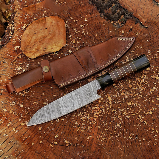 Wilderness Wanderer: 13" Handmade Damascus Chef Knife Buffalo Horn Handle, Damascus Blade Cooking Knife