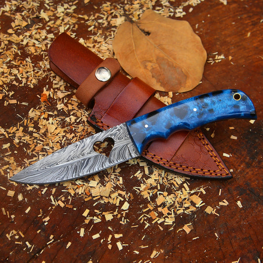 Blue Heart Blade ā 9'' Hand Forged Damascus Steel Knife with Blue Resin Handle & Leather Sheath