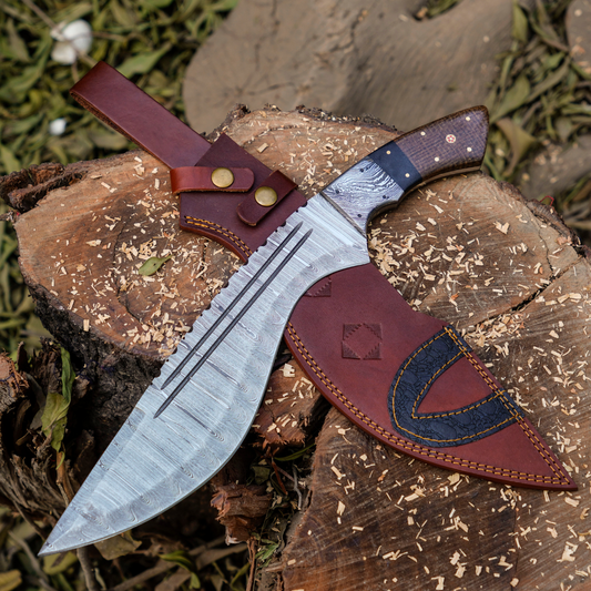 Savage Serpent Kukri: Hand Forged Damascus Steel Survival Hunting Bushcraft Kukri Knife EDC 12ā With Cocobolo Wood Bull Horn & Engraved Bolster Handle
