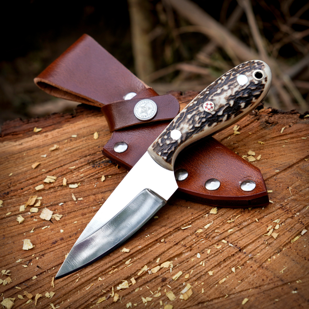 The Ghost Ridge Hunting Knife - Premium Hand Forged Full Tang Skinning Knife - Stag Antler Handle - D2 Steel- 7 inches