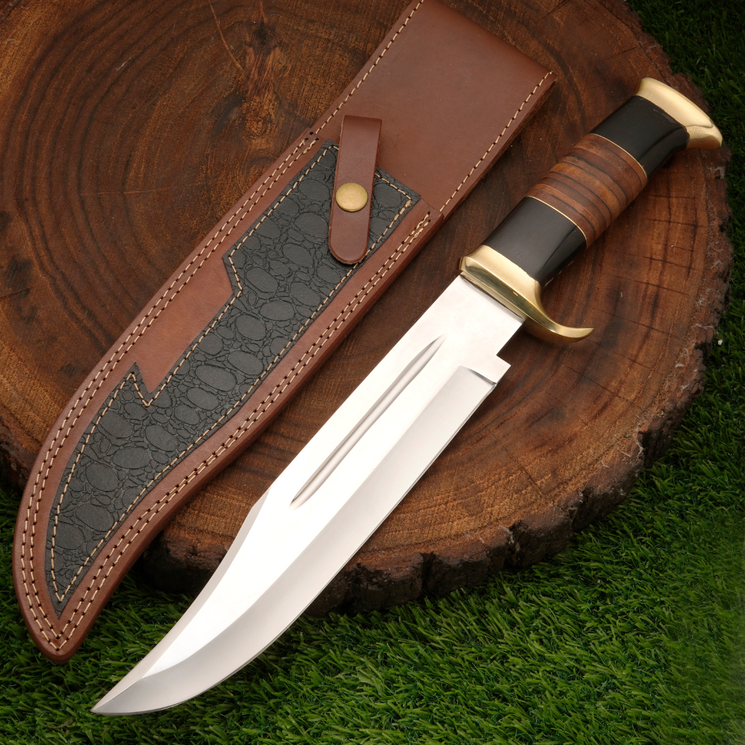 15" Bowie Knife: Scout's Sentine - Handmade J2 Bowie Knife Steel Hunting Fix Blade - Bull Horn & Leather Handle