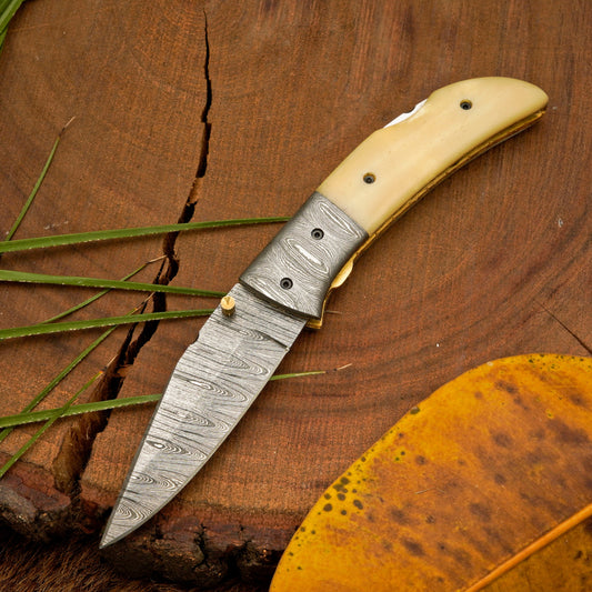 RadiantReach - 8" Hand Forged Damascus Steel Pocket Folding Knife with Leather Sheath