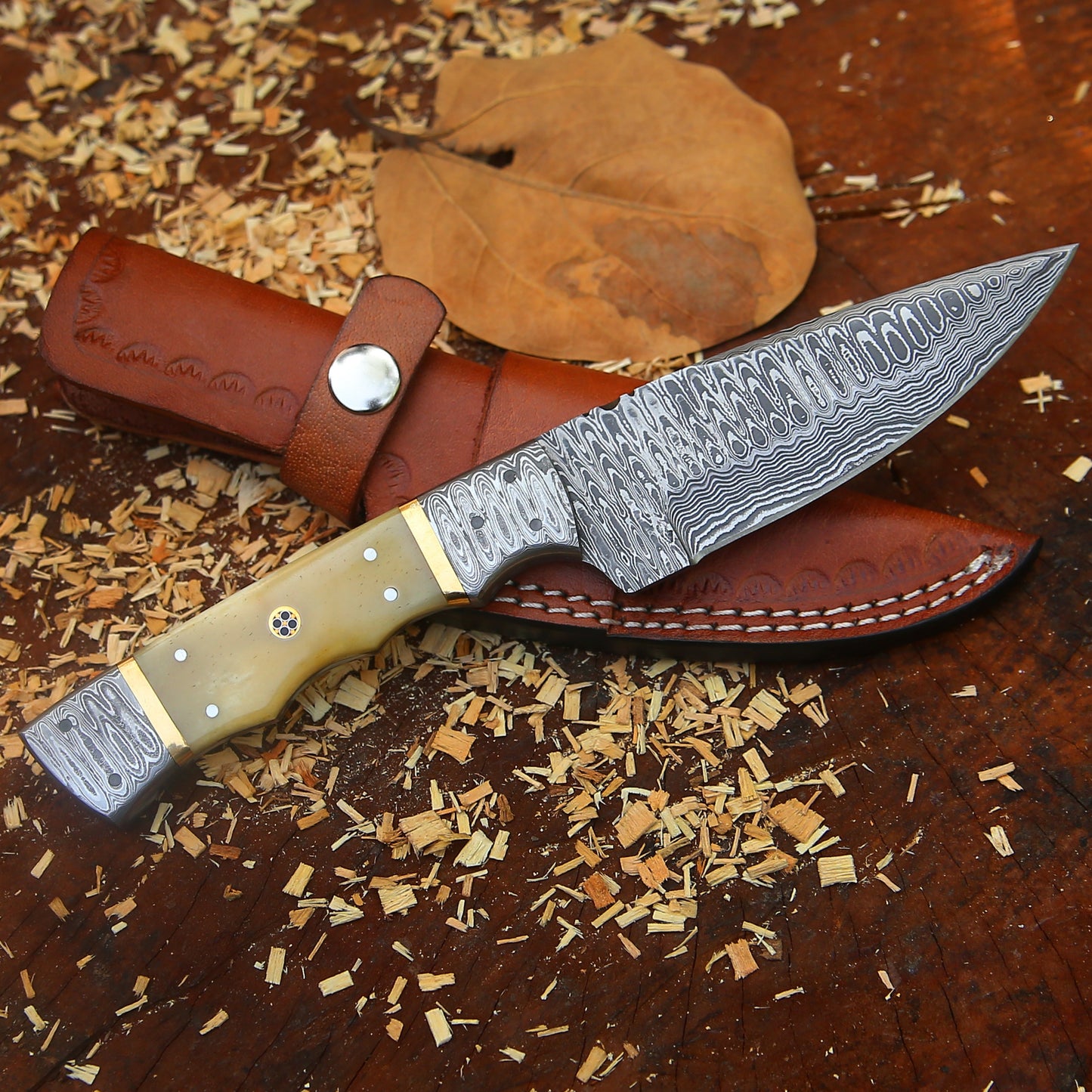 Br'er Rabbit Blade - 8.5” Hand Forged Damascus Steel Full Tang Skinner Knife - Camel Bone Handle