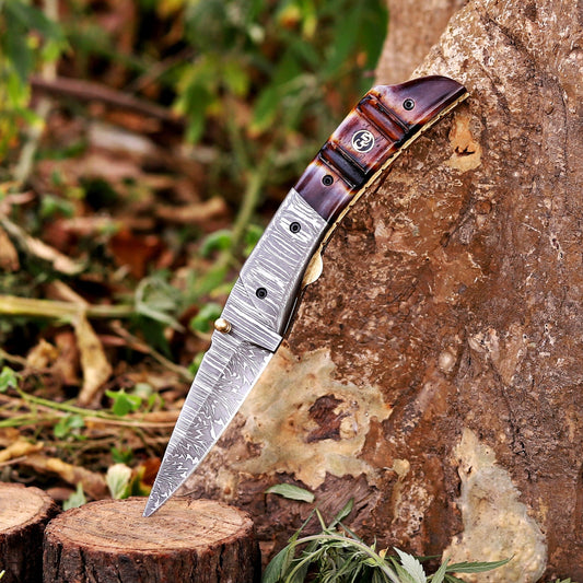 The Nimitz Folder – 7.5 inch Damascus Steel Liner Lock Pocket Knife with Bone Handle and Leather Sheath