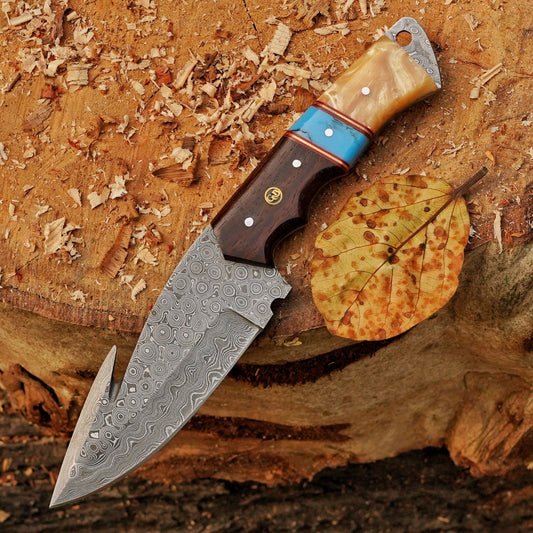 Trailblazer's Blade - 9" Hand Forged Damascus Steel Hunting Knife with Leather Sheath