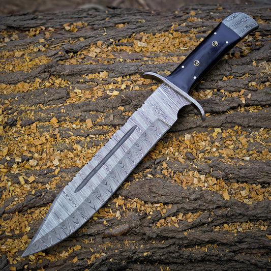Frontier Finder: 15" Handmade Damascus Steel Bowie Knife- Buffalo Horn Handle