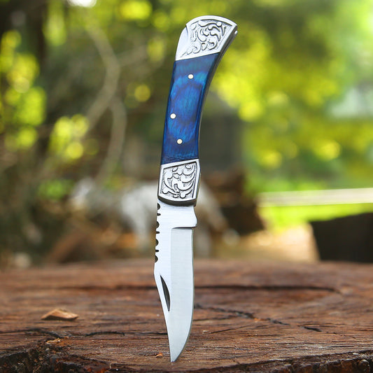 CelestialSnap - 7.5" Hand Forged Back Lock Focket Knife with Leather Sheath