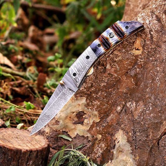 The Glenn Folder – 7.5 inch Damascus Steel Liner Lock Pocket Knife with Bone Handle and Leather Sheath