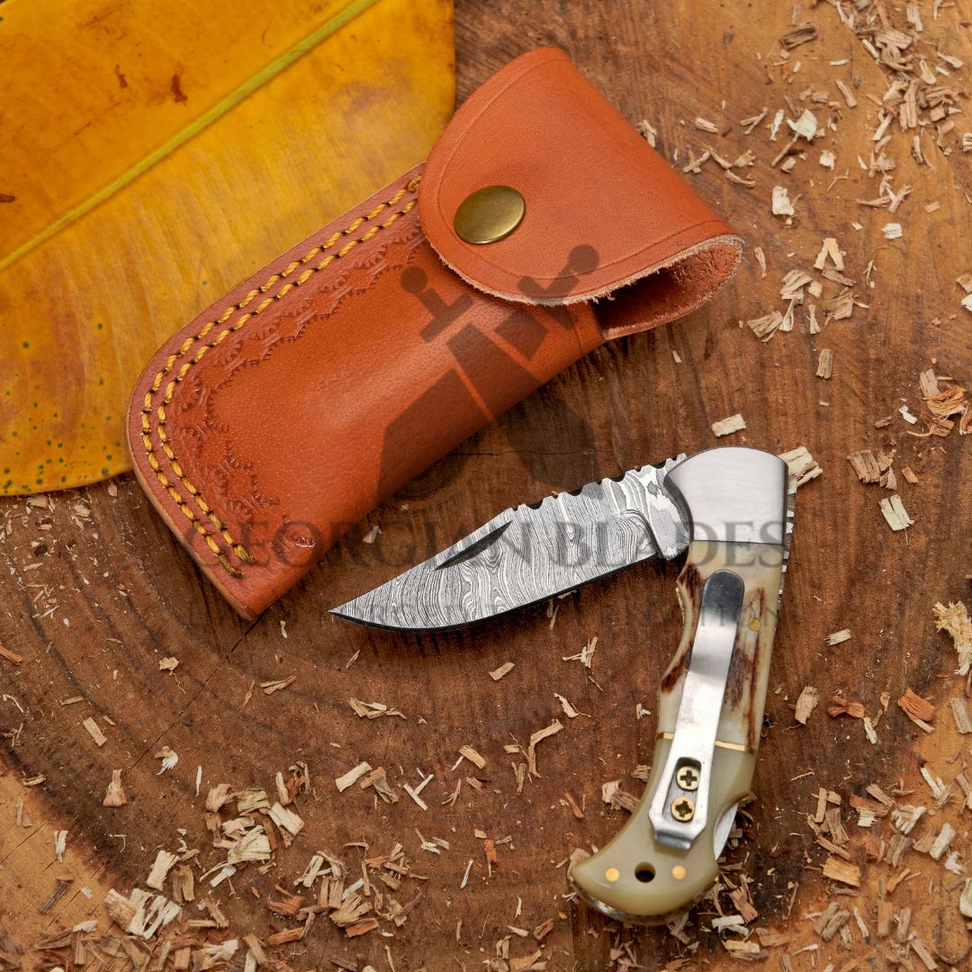 The Sully Folder - 7 inch Pocket Folding Clip Knife with Stag and Bone Handle and Leather Sheath