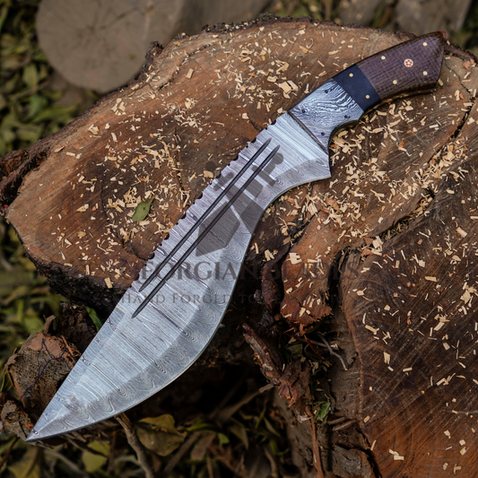 Savage Serpent Kukri: Hand Forged Damascus Steel Survival Hunting Bushcraft Kukri Knife EDC 12ā With Cocobolo Wood Bull Horn & Engraved Bolster Handle