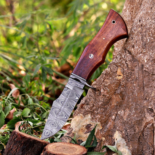 Woodman's Ally - 10.5" Hand Forged Damascus Hunting Knife with Leather Sheath