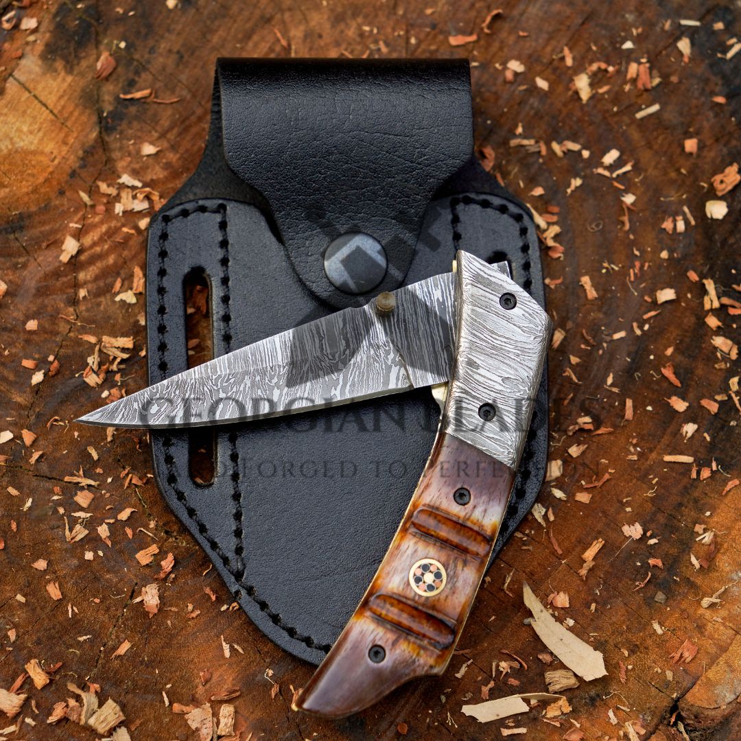 The Nimitz Folder – 7.5 inch Damascus Steel Liner Lock Pocket Knife with Bone Handle and Leather Sheath