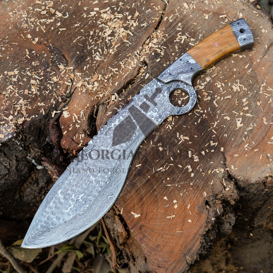 Blade of the Hills: Custom Hand Forged Damascus Steel Hunting Kukri Knife Damascus Bolster Olive Wood Handle